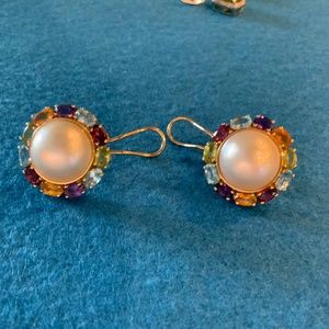 14KT Freshwater Cultured Pearl Halo Semi-Gems Studded Earrings 10 Grams